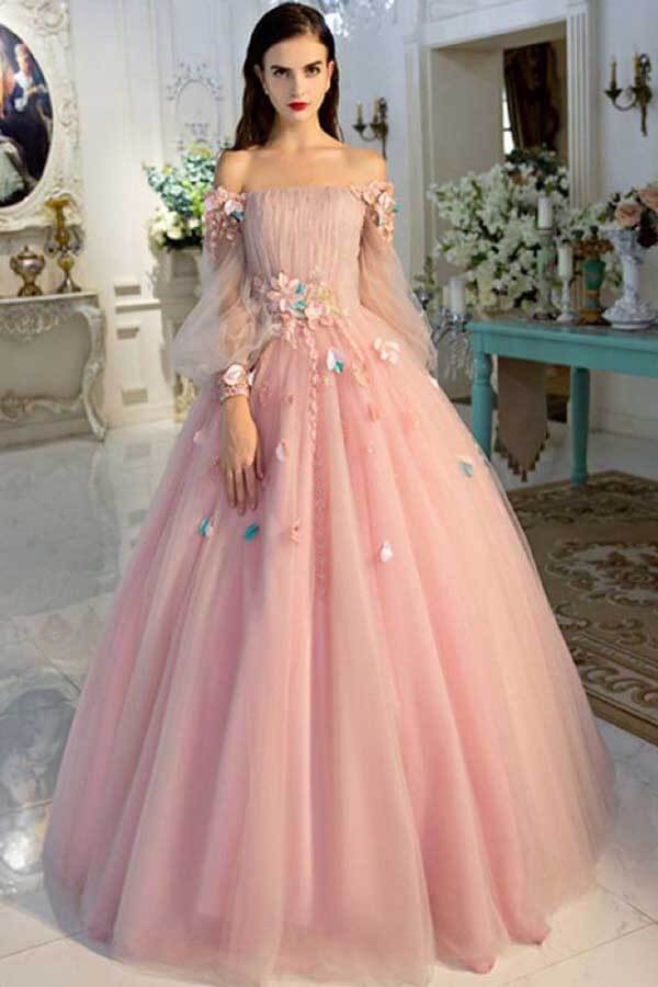 Pink Ball Gown 3D Floral Long Sleeves ...